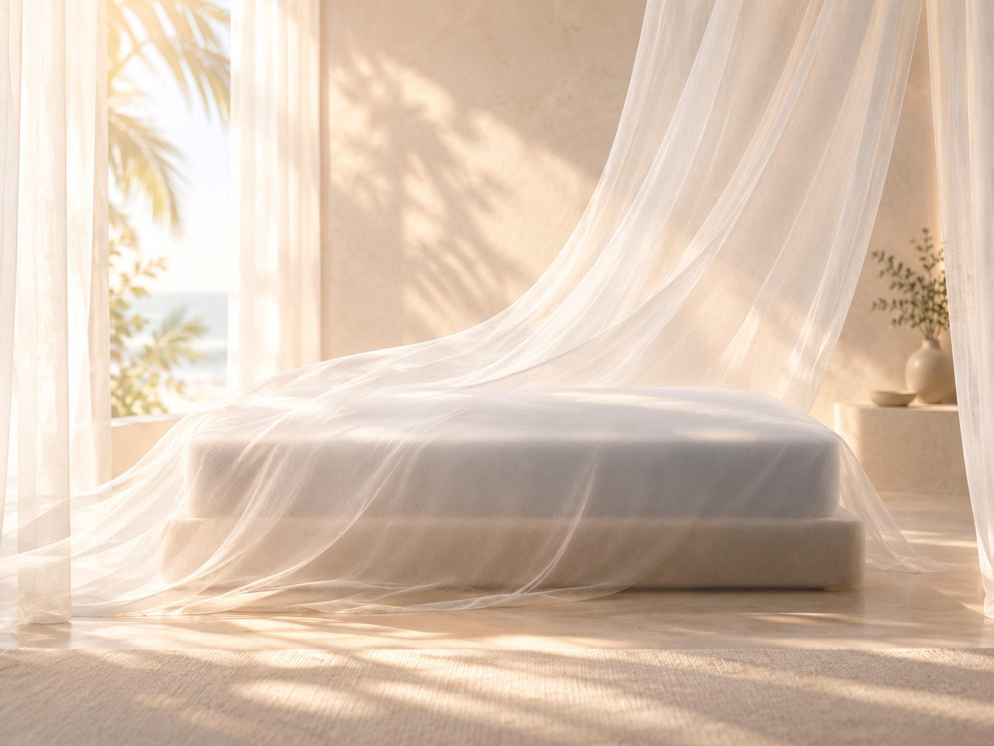 A softly veiled mattress silhouette teasing the upcoming NAHARA BREEZE collection