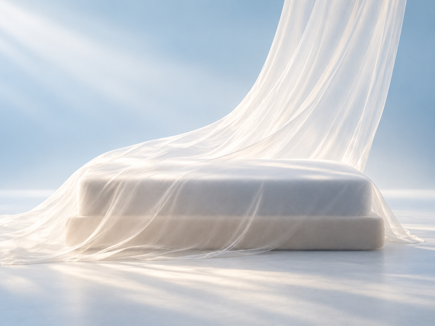 Veiled mattress silhouette in a cool studio, a concept preview of BREEZE