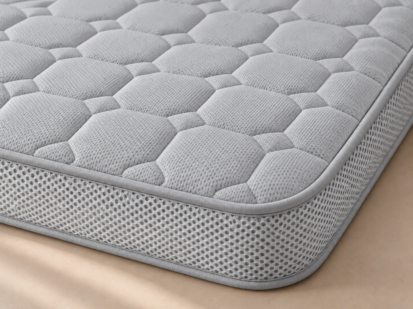 Detail study of grey NEST honeycomb quilting, slim piping and light mesh side