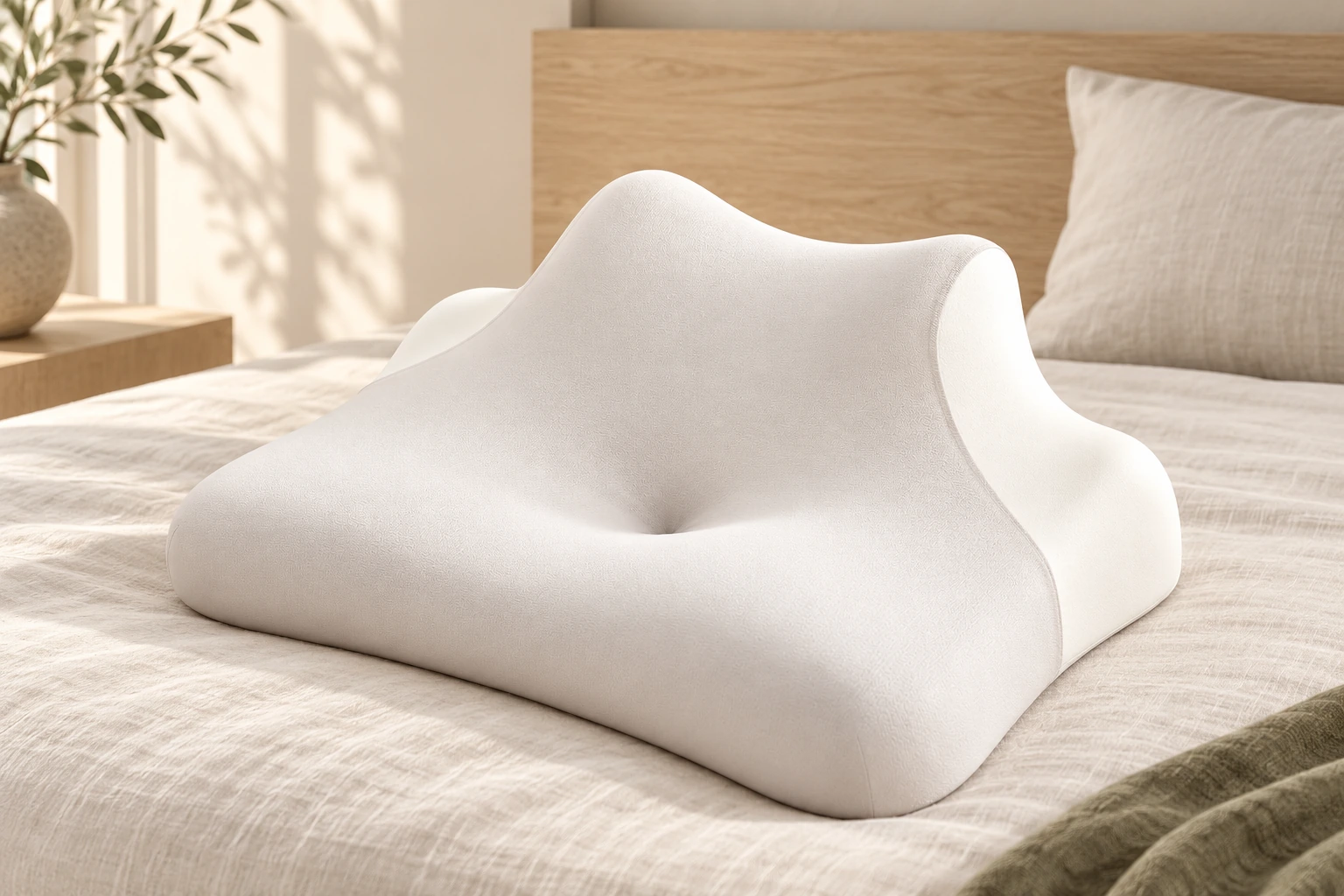 Memory Foam Contour Pillow in White on an ivory linen bed