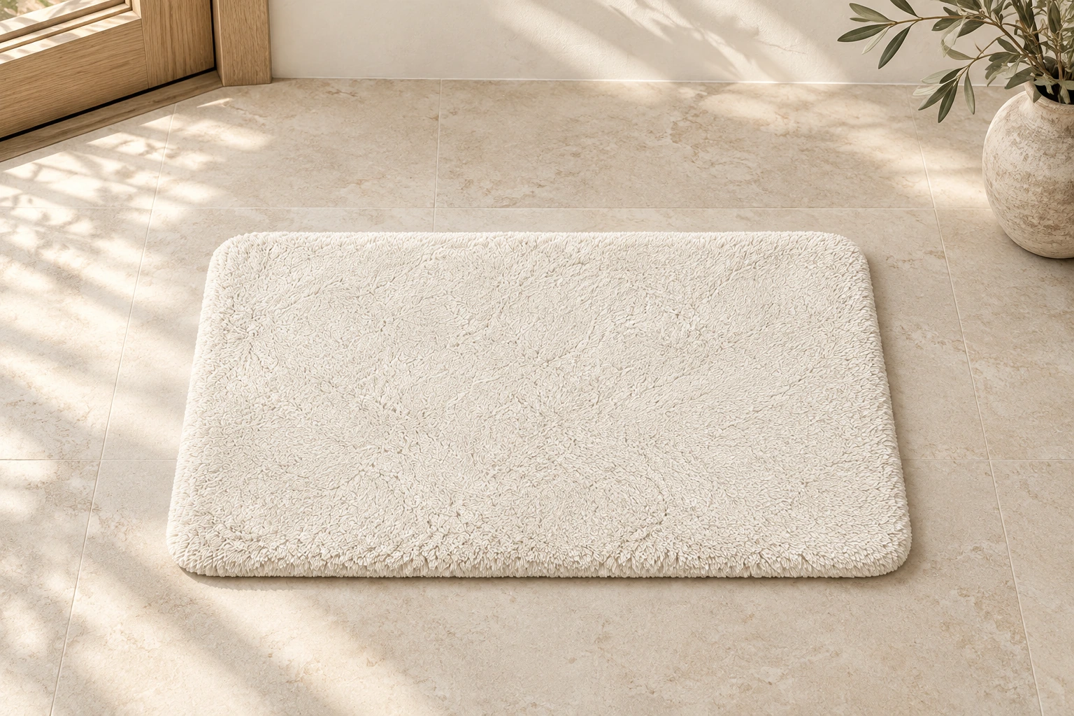 White entryway mat in a sunlit interior with pale oak and stone
