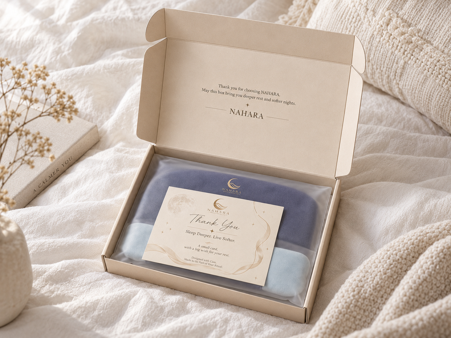 Open NAHARA gift box with a weighted eye mask in its frosted pouch and a thank-you card
