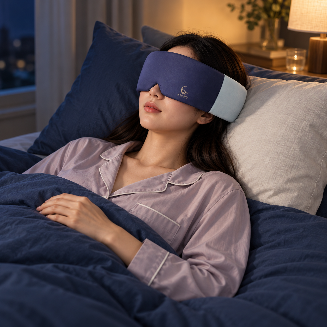 A woman resting in bed with the indigo and pale-blue NAHARA wraparound weighted eye mask