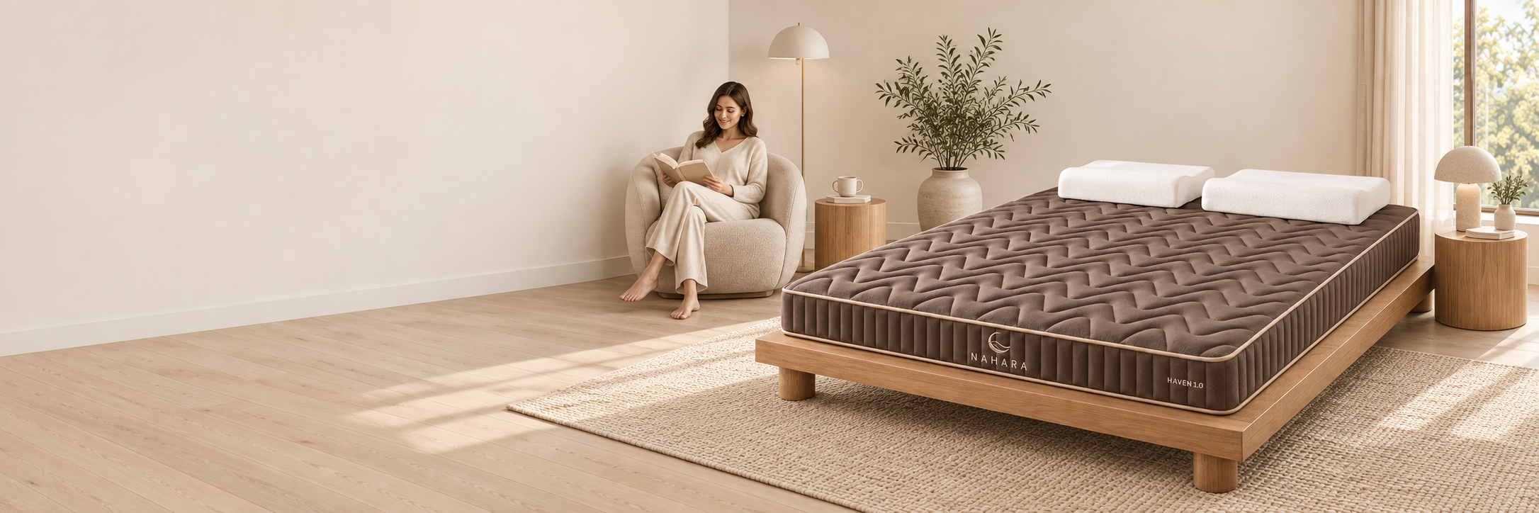 A coffee brown NAHARA HAVEN 1.0 mattress with angular quilting beside a quiet reading corner