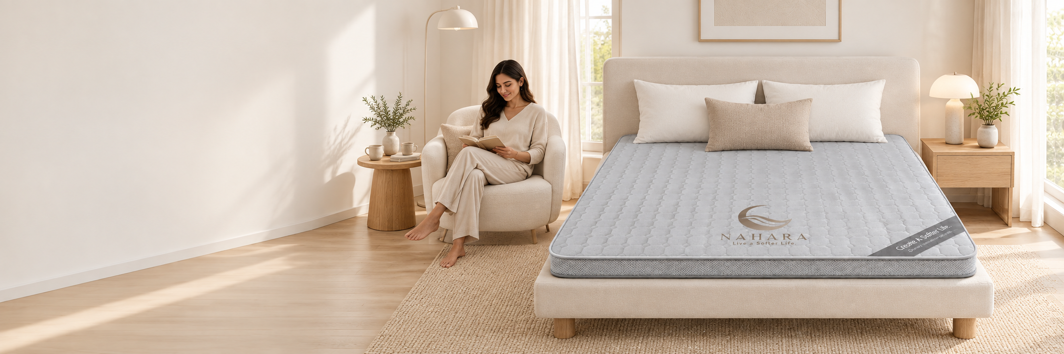 A peaceful reading corner beside a grey NAHARA NEST 1.0 mattress with its signature logo and diagonal ribbon