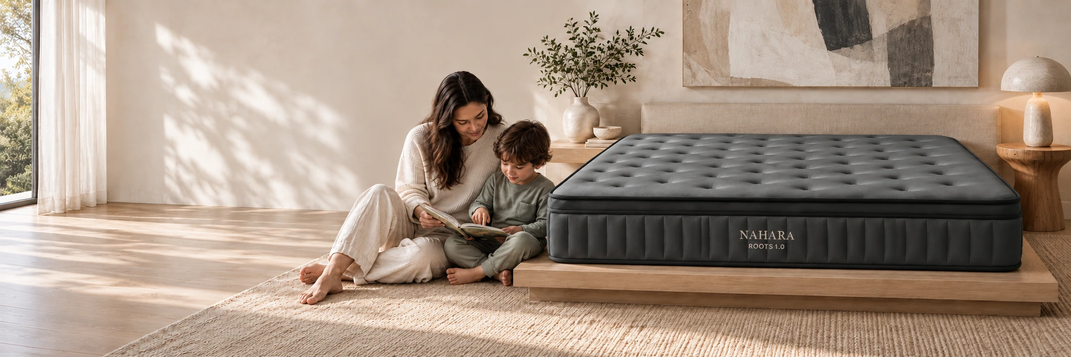 A parent and child sharing a quiet reading moment beside a NAHARA mattress