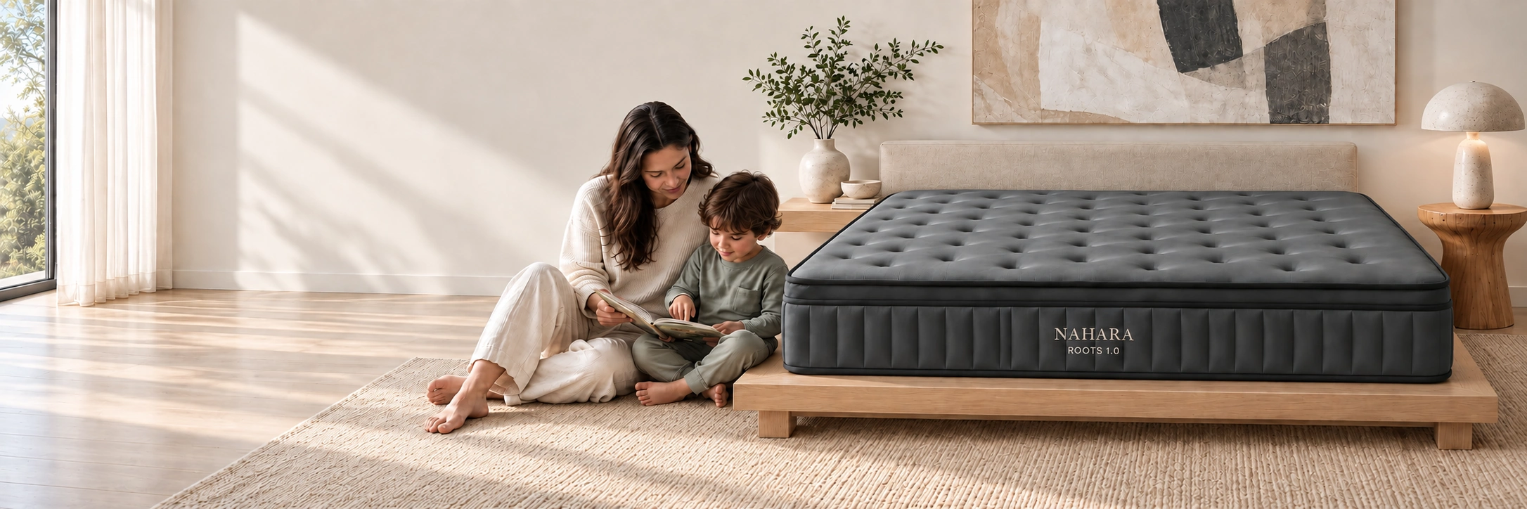 A parent and child sharing a book beside a charcoal NAHARA ROOTS 1.0 mattress on a matching oak bed