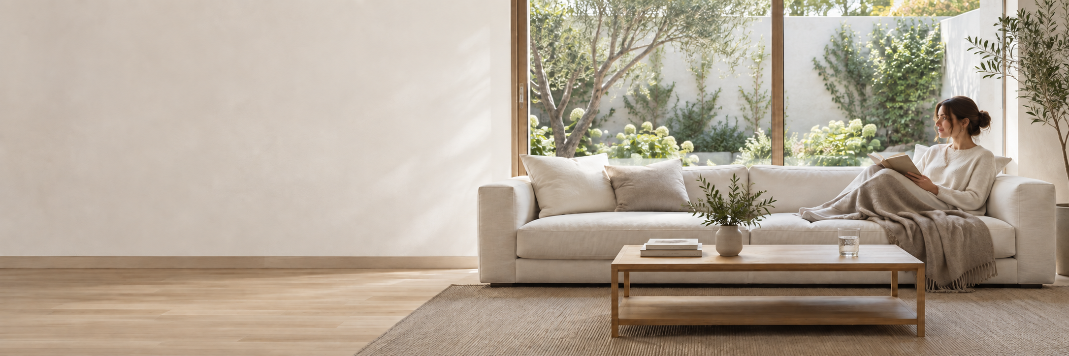 A quiet reading moment in a bright living room with a linen sofa, pale oak furniture and a green courtyard