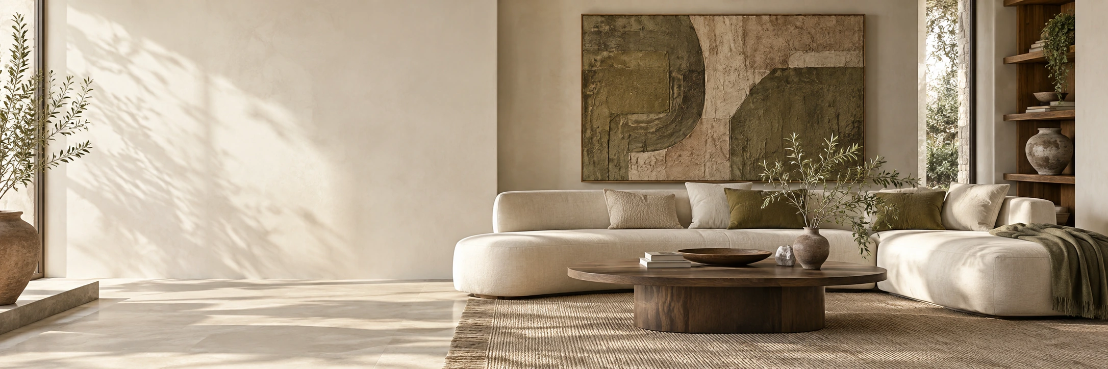 An artful living space with a sculptural linen sofa, abstract artwork and warm natural light
