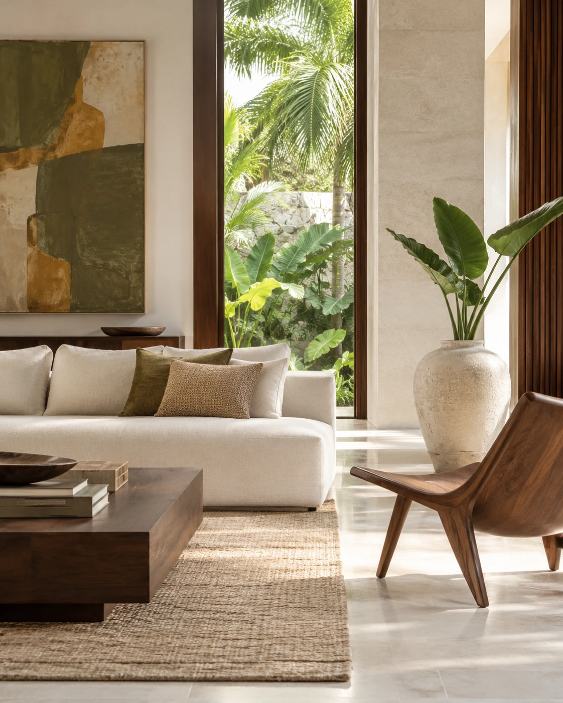 A light-filled tropical home with sculptural furniture, natural linen and abstract art