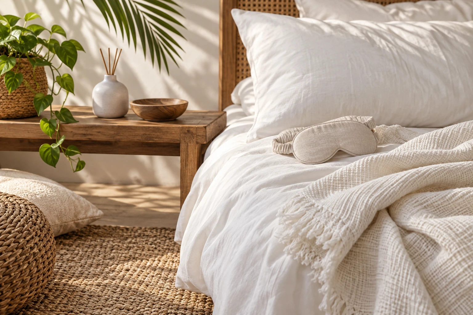 Sunlit linen, an eye mask and natural materials arranged for a quiet evening