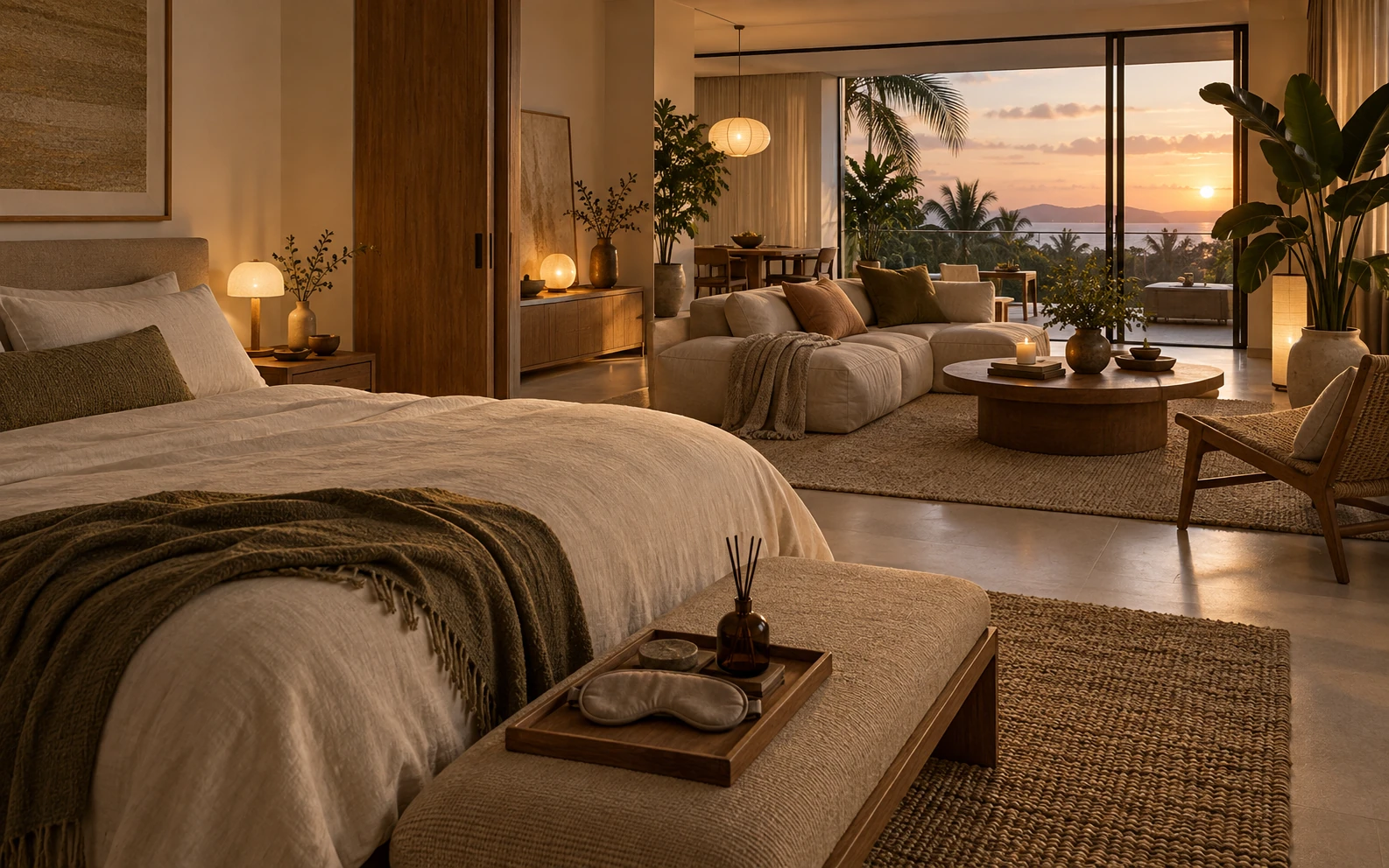 An open bedroom and lounge overlooking tropical greenery at dusk