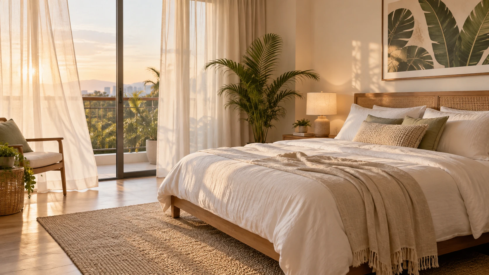 Soft daylight across a calm bedroom with pale linen and warm wood