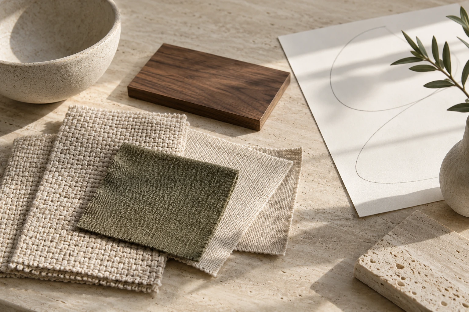 A material study of natural textiles, walnut and sculptural ceramic on a sunlit stone table